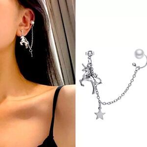 Silver Star Unicorn Hanging Chain Pearl Ear Cuff Post Earring NEW